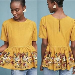 Anthropologie Bhanuni Yellow Mustard Embroidered Beaded Peplum Blouse Top S